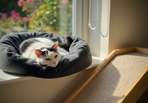 A senior black-and-white cat like Billy resting comfortably on a fleece bed in the sun, with a ramp leading to the windowsill to make access easier for older cats.